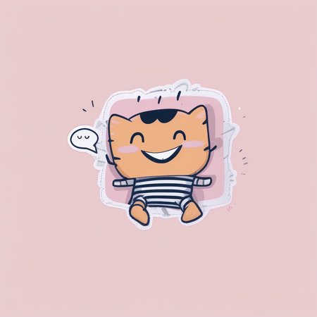 pillow, on back, pink background, smile, blush stickers, solo, speech bubble, motion lines, open mouth, striped shirt