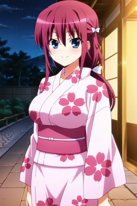 anime screenshot, anime coloring, 1girl, solo, suou amane, red hair, hair rings, low ponytail, white bow, hair bow, blue eyes, large breasts, kimono, pink kimono, yukata, print kimono, floral print, pink sash, looking at viewer, smile, cowboy shot,  outdoors, night, masterpiece, best quality, high quality, highres, absurdres,  <lora:suou_amane_ILXL:0.9>