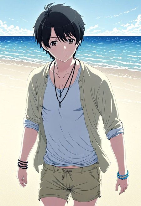 high resolution, solo, best quality, 1Boy, Inaho Kaizuka, Black Hair, beach, calm, clear sky, candid, open shirt, shorts, sixpack, necklace, bracelet, OverallDetail