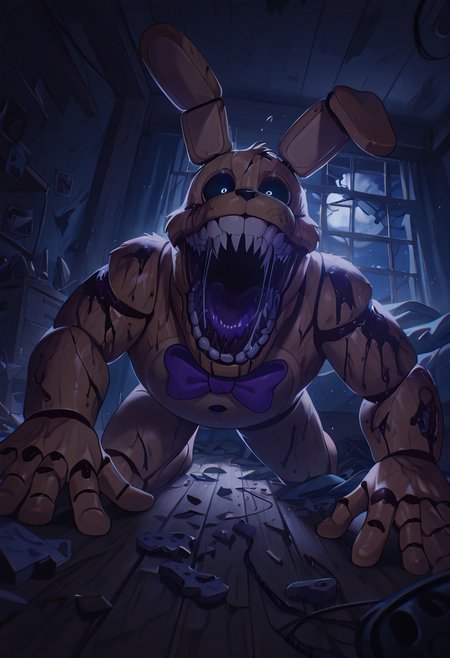 masterpiece, best quality, amazing quality, very aesthetic, absurdres, newest, detailed background, foreground blur, (( )),
springbon, teeth, rabbit ears, purple bowtie, sharp teeth, animatronic, robot joints,, 1boy, smile, big head, big mouth, wide head, wide face, drooling,, 
matte skin, black sclera, furry skin, fabric skin, in bedroom, dynamic angle, messy room, window, night time, dark room, wooden floors, broken toys, cupboards, looking at viewer,