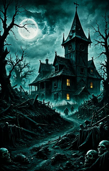 black plague ravaging countryside, dark fantasy, horror, darkness, detailed background, masterpiece, eerie, unsettling, dark, spooky, suspenseful, grim