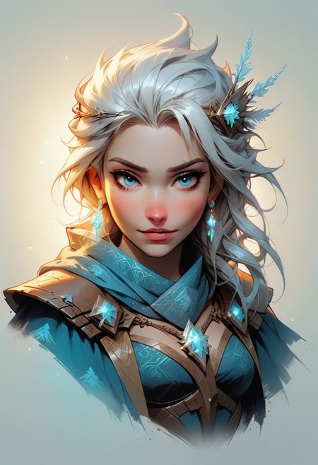 1 girl, solo, 18 year old girl, gorgeous, close up, upper body, parted lips, slim build, refined beauty, medium round breasts
A girl with icy blonde hair cascading down her back stands at the heart of Freljord’s frozen tundra, her piercing blue eyes glowing faintly in the cold air. Her attire is a mix of fur-lined armor and heavy cloth, designed to protect her against the harsh climate while emphasizing her graceful physique. The top part of her outfit consists of a fur-trimmed cape draped over her shoulders, connected to an armored corset that hugs her figure and tapers into a skirt made of thick, fur-trimmed fabric. The camera captures the intricate pattern of runes etched into the metal of her chestplate, glowing faintly in the frigid light. Her hands are wrapped in leather gloves adorned with small shards of ice, and her feet are clad in fur-lined boots that leave shallow prints in the snow. In the background, icy mountains and swirling snowstorms provide a dramatic, wintery setting that complements her powerful, regal appearance