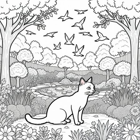 A simple monochrome line drawing for a coloring book.

A cat in a lush garden with trees and flowers, a pond, birds and other creatures.

<lora:LineDrawing03_CE_XL_300-OT:0.6> lndrwngCE_style