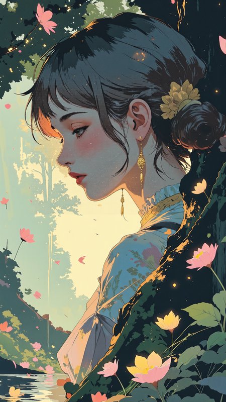 High-resolution anime-style illustration of a sweet young woman leaning gently against an ancient, moss-covered tree in an enchanted forest bathed in ethereal light. Her auburn hair is styled into elegant braided buns, adorned with delicate golden ornaments that shimmer softly. She wears a flowing, pastel-colored gown with intricate embroidery, the fabric glowing faintly as it drapes over the treeâs gnarled roots. Tiny fireflies dance in the air, their golden light blending with the soft rays filtering through the towering, ancient trees. A crystal-clear stream winds through the scene, reflecting the glow of floating petals drifting lazily above the water. Her expression is serene, eyes half-closed, one hand resting on the rough bark as if feeling the ancient magic within. Smooth anime shading, delicate gradients, crisp high-resolution textures, and painterly lighting enhance the dreamy, romantic fantasy atmosphere <lora:RM_Illustrify_v1.0M:0.9> <lora:Be_luminous_flux_lora:0.8> <lora:oilpaintzver5:0.6>