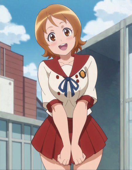 score_9, score_8_up, score_7_up, anime screencap, solo,1girl,omoriyuko, school uniform,   smile, skirt, serafuku, red skirt, sailor collar,looking at viewer, large breasts,wide hip,cowboy shot, blush,open mouth,<lora:omoriyuko:0.8>