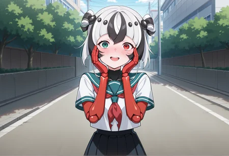 anime screenshot, anime screencap, anime coloring, 1girl, arthropod girl, multicolored hair, black hair, white hair, short hair, heterochromia, red eyes, green eyes, doll joints, mechanical arms, mechanical legs, serafuku, outdoors, pleated skirt, short sleeves, sailor collar, outdoors, street, yandere, smile, hands on face, upper body, upper teeth only, blush <lora:kashin_koji_illus:1>, masterpiece, best quality, amazing quality, very aesthetic, absurdres, highres, newest