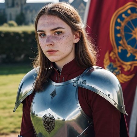 An up angle photo portrait of a young woman, (medieval armor), metal reflections, outdoors, contrasting side sunlight, far away castle, eye contact, bokeh, blurry background, crest on chest, (a red banner), skin blemishes, freckles
