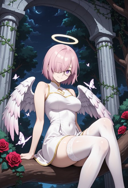 masterpiece, best quality, highres, absurdres, very awa, 1girl, solo, aamash, short hair, pink hair, hair over one eye, angel, angel wings, halo, white dress, outdoors, architecture, pillar, bush, (nature:0.9), vines, rose, sitting in tree, in tree, sitting, tree, butterfly, purple eyes, glasses, white thighhighs, arch, night, night sky, looking at viewer, legs, thighs, closed mouth, smile