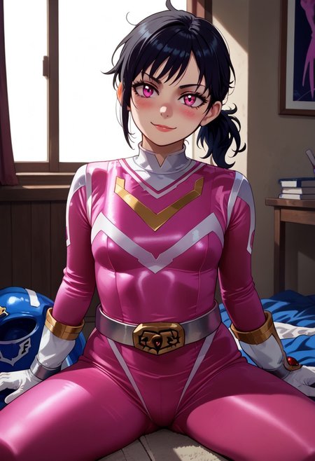 score_9, score_8_up, score_7_up, BREAK,
1girl, solo,
sentaisaintforce, pink bodysuit, silver belt, white gloves, spandex, wing-shaped chest symbol, small breasts, helmet removed, no headwear,
leyleyxl, (black hair), ponytail, (white pupils, pink eyes:.6), messy hair, short ponytail, (upper body:.6), BREAK,
smug, blush, looking at viewer, BREAK,
sitting, legs apart, BREAK,
indoors, floor