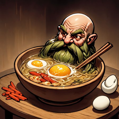 <lora:Harry_Dwarf_SD1.5:1>, Studio Ghibli, cartoon style, magical, Harry_Dwarf,  dwarf-like, flowing long green beard, braided moustache,bald, bangles, beautiful lighting, in a bowl of vegetable ramen, clear broth, clear water, ramen, swimming in soup, wooden bowl, on top of a table, floating carrots and cabbage,  egg halves, split egg, hard boiled egg