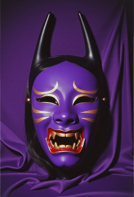 ArsMovieStill, movie still from a 1970s horror movie Studio cursed kitsune mask in a Japanese grave shrine purple miasma