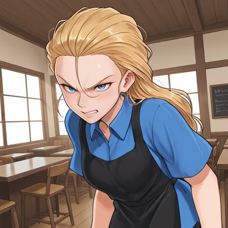 masterpiece, best quality, amazing quality, colorful, vibrant, very aesthetic, detailed background,  <lora:Wendy_-_Waffle_House-000008:1> wh-waitress, 1girl, blonde hair, blue eyes, waitress, indoors, grimace, blue shirt, black apron, vs goku,