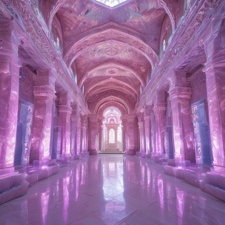 symmetric, aesthetic, white walls , ornate temple entrance , fluorite mineral, flu0rite, iridiscent,