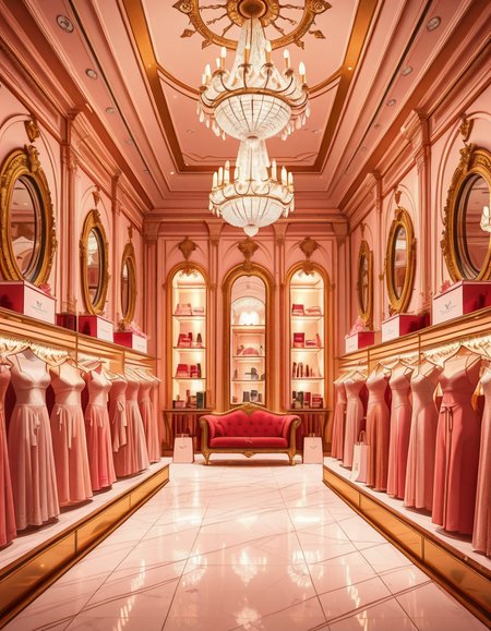 A luxurious high-end lingerie boutique interior, inspired by Victoria's Secret flagship stores. Elegant pink and gold color palette, soft ambient lighting, large crystal chandeliers hanging from the ceiling, velvet armchairs, marble floors, and ornate mirrors. Chic lingerie displayed on golden racks and mannequins wearing lace and satin pieces. The boutique features glamorous wall decor, a plush fitting area, and branded shopping bags. The atmosphere is opulent, feminine, and seductive, with a refined and exclusive design. Wide-angle view, sharp focus, cinematic lighting.
<lora:SDXLFaeTastic2400:0.4> <lora:extremely_detailed:0.4> extremely detailed,high-end lingerie b0ut1qu3 <lora:high-end_lingerie_b0ut1qu3-i:1>, Masterpiece,best quality,hi res,8k,hi res,8k,award winning,(sharp focus, intricate, highly detailed),