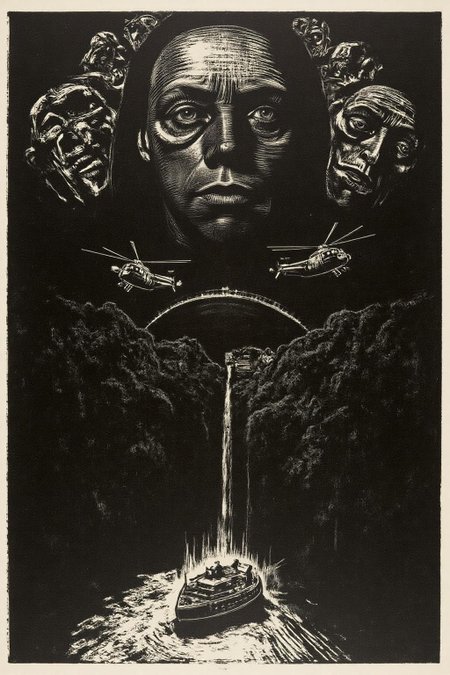 kako1 black and white woodcut print.  A dramatic, surreal poster inspired by the film Apocalypse Now, featuring a large, ominous face blending into the background of a dark, eerie jungle. Helicopters fly in formation across the sky, while a riverboat sails through the misty waters below. The composition is intense and haunting, with an atmosphere of chaos and foreboding.   <lora:kako3_woodcut_cap_d6a3e11:1.0><lora:817652870250812505:0>