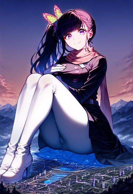 gorgeous lips, cinematic, (masterpiece), (best quality), (ultra-detailed), very aesthetic, perfect composition, intricate details, absurdres, detailed face, (anime, masterpiece, intricate:1.3), (best quality, hires textures, high detail:1.2), score_9, score_8_up, score_7_up, source_anime, 1girl, kanao tsuyuri, black hair, pink highlights, butterfly, butterfly hair ornament, purple eyes, very long hair, side ponytail, ponytail, eyelashes, hair ornament, scarf, dress, black dress, long sleeves, buttons, gloves, white gloves, belt, pantyhose, pink pantyhose, laced high heels, white footwear, skirt, flower patterns, alternate_costume, enormous breasts, facial expression, kind, soft eyes, head tilt, slightly smiling, closed mouth, hand on breasts, goddess, planet size, giantess, growing even bigger, sitting on the ground, ruanyi0639,hugging own legs, gradient eyes, beautiful detailed eyes, city background, mountain landscape, city, mountain, super tall building, super tall skyscrapers, in the city, solo, (masterpiece:1.4), (best quality:1.4), (ultra-detailed:1.2), gl0w, glow,
