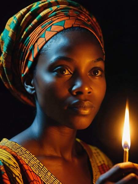 High quality,

portrait of a Nigerian woman, darkness, night, her face illuminated by the light of a single match,

<lora:RMSDXL_Enhance:0.45>,
<lora:add-detail-xl:0.8>,
<lora:RMSDXL_Darkness_Cinema:0.5>,
<lora:RMSDXL_Photo:0.45>,
