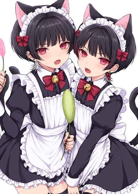 <lora:ShimizuAkina250126:1>,ShimizuAkina,animal ears,cat ears,tail,maid,cat tail,black nails,black hair,male focus,looking at viewer,apron,otoko no ko,maid apron,bell,multiple boys,crossdressing,2boys,multicolored hair,bowtie,red bow,thighhighs,bow,ear piercing,red eyes,open mouth,cat boy,piercing,white apron,long sleeves,fangs,frills,red bowtie,pov,earrings,cat teaser,maid headdress,short hair,dress,animal ear fluff,fake animal ears,jingle bell,jewelry,black dress,<lora:NOOB_vp1_detailer_by_volnovik_v1:1>,<lora:noobai_ep11_stabilizer_v0.138_fp16:1>,