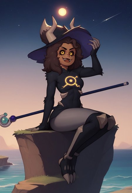 score_9, score_8_up,score_7_up, (high-contrast, cel shading), solo,, 
(LuzTitan, yellow eyes, brown skin, black sclera, horns, fangs, fur covered body, witch hat, staff, leggings, ),
Sitting on a cliff overlooking a ocean, starry sky,