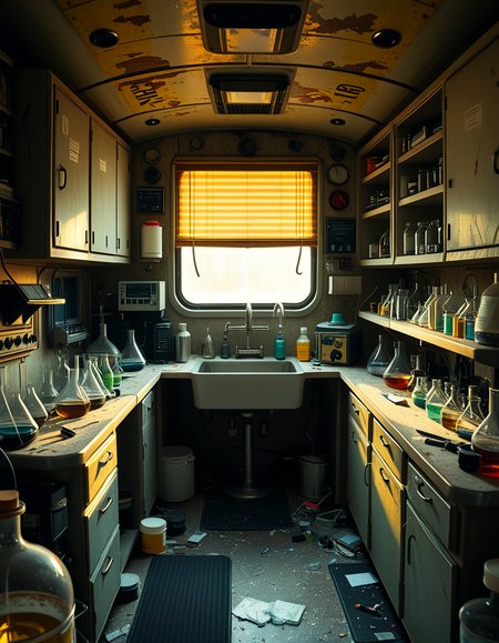The interior of an old RV converted into a clandestine drug laboratory, inspired by the TV series Breaking Bad. The space is cramped and messy, filled with scientific equipment, glass beakers, flasks, burners, chemical containers, and lab tools scattered around. The walls are aged and stained, with peeling wallpaper and old metallic cabinets. A small sink area is cluttered with dirty lab glassware. The lighting is dim and tinted yellow, with sunlight barely filtering through dusty blinds. The floor is grimy, with a mix of rubber mats and worn carpet. The overall atmosphere is tense and gritty, capturing a sense of secrecy and danger. Hyper-realistic style, cinematic composition, rich in textures and shadows.
<lora:SDXLFaeTastic2400:0.4> <lora:extremely_detailed:0.4> extremely detailed,<lora:old_RV_drug_l4b0r4t0ry:1>,old RV drug l4b0r4t0ry, Masterpiece,best quality,hi res,8k,hi res,8k,award winning,(sharp focus, intricate, highly detailed),