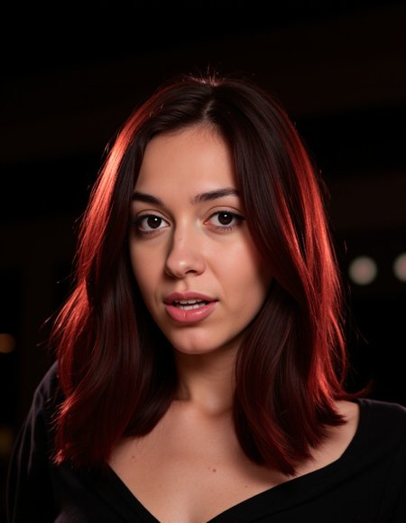 A beautifully lit portrait of a woman with dark red hair, her hair glowing strongly against a dark background. The lighting creates a striking contrast between the bright hair and the dark background, achieving a strong visual impact. The bokeh in the background adds a subtle aesthetic touch, enhancing the overall beauty and modern charm of the subject.