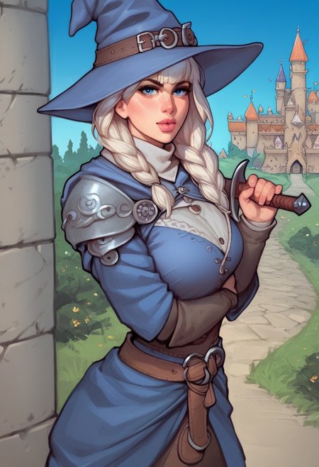 young woman, solo, Looking at viewer, Masterpiece a stunning female witch, ((full clothed witch outfit with armor, witch hat)), Blue eyes, long bob white hair with bangs, Dynamic action pose,
(Holding a huge sword:1.5)
Background: (Medieval castle, night sky: 1.9)
score_9, score_8_up, score_7_up, score_6_up, source_cartoon, rating_explicit, Expressiveh, (((((upper body))))), dynamic pose, side view
 <lora:Dynamic Poses:1>
 <lora:detailed_notrigger:1>
(((full clothed)))
score_9, score_8_up, score_7_up, score_6_up, source_cartoon, rating_explicit, Expressiveh, (((((upper body, action pose))))), dynamic pose