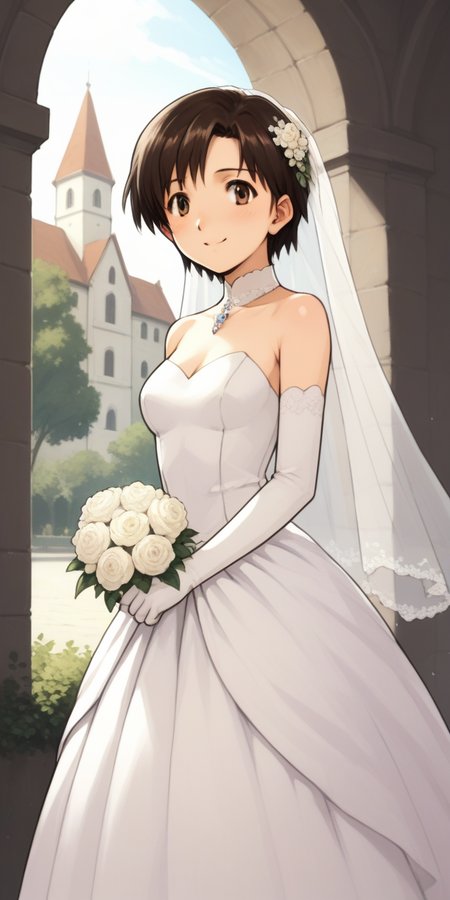 score_9, score_8_up, score_7_up,
1girl, solo, chapel, terrace, outdoor, summer, sunshine,
, source_anime,
<lora:ibukimaya_01XLP:1>, ibukimaya, very short hair, brown hair, brown eyes,
blush, light smile,
wedding dress, elbow gloves