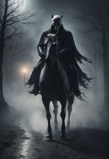 Headless Horseman in ultra-high quality, eerie atmosphere, dark and spooky, detailed textures, cinematic lighting, horse, mist, moonlight, depth of field, photorealistic, by Brom and Aaron Sims, 4k resolution