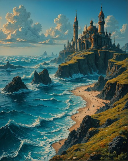 surreal,  Sea Landscape, Creator Landscape,
Paul Signac (pointillist ports), Monolithic sea stack formations, intertidal zone lichens. whaler's tryworks furnace, ,
<lora:ClassipeintXL2.1:0.859> oil painting,
<lora:extremely_detailed:0.513> extremely detailed,
<lora:add-detail-xl:0.294>,
<lora:dreamshaperXL10_lora:0.354>,
<lora:Flux-XL_Scenery: 0.836> flux-scenery,
detailxl,
advntr,, oil painting art style from Renaissance period, masterful composition, Renaissance mood, renaissance oil painting, brush strokes