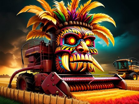 <lora:CulturePunkAI_1Pruned:.9> TikiAI  combine harvester  Highly detailed, amazing, Impressive lighting, vibrant colors, Ultra Realistic, High quality, Highly detailed, trending on artstation