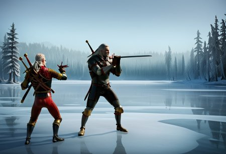 (geralt) sword fighting against the (nutcracker); 2 opponents,
high guard sword parry stance,
at a frozen lake,
realistic photo,
sfw