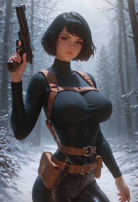 score_9, score_8_up, score_7_up, high detailed, high quality, masterpiece, no text, quality highlights, 8k detail, ultra-detailed, ... 1girl, woman, april o'neil, bob cut black hair, beautiful face, serious face, black ribbed sweater, Holster harness, (black pants:1.15), thin waist, (covered nipples:0.5),   (holding a gun:1.2), looking at viewer,  (snowy forest, night time:1.15),  <lora:AIã¤ã©ã¹ããããã_(2):1.0000000000000002> <lora:Dramatic_Lighting_Slider:2.0000000000000004> <lora:Expressive_H-000001:1.0000000000000002>