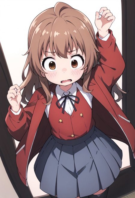 (zPDXL3), 
(zPDXLxxx), 
hiroki, 
1girl, 
solo, 
Aisaka_Taiga
brown_eyes, brown_hair, long_hair, flat_chest, pleated_skirt, blue_skirt, white_shirt, collared_shirt, black_thighhighs, black_ribbon, neck_ribbon, jacket, red_jacket,
surprised, 
embarrassed, 
from above,