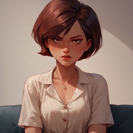 score_9, score_8_up, score_7_up, score_6_up, score_5_up, score_4_up, rating_questionable, 1girl, Hel_en, on a couch, seductive look, short hair, dark red hair, big hips, 1970 aesthetic, blouse