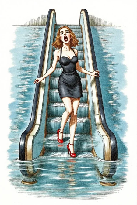 joten1 illustration.
a woman in a chic little black dress and vibrant red high heels, gracefully descending an escalator. She wears black lipstick and is screaming. Her attire exudes elegance and sophistication, with the red heels providing a bold pop of color against the classic black dress. The escalator itself, typically found in a mall or airport, leads downwards into an unexpected and dreamlike destinationâ -- pool of rippling water. The water is blue and ripples as the escalator's steps disappear beneath the surface. The woman's posture is poised and confident, as she seems unperturbed by the unusual surroundings. The overall atmosphere is a blend of high fashion and surreal fantasy, capturing a moment that is both elegant and otherworldly, <lora:joten1_cap_d6a3e12:1.0><lora:821786449855698429:0>