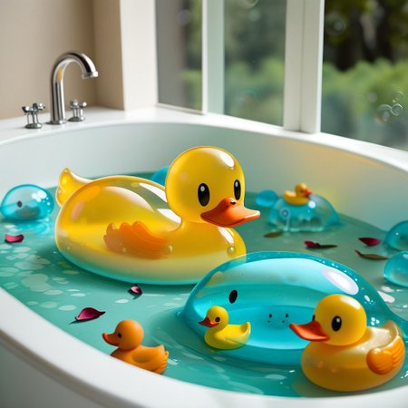 {1rubber duck, 1 rubber duck made out of slime, (slime duck:1.5), yellow slime body, orange slime beak, glossy black eyes, translucent slime rubber duck, transparent slime rubber duck}
hud_sp_bth, flower, petals, water, bath, in an elegant bath tub, bubbles made out of slime, slimes hiding in the bath bubbles, bubble bath, perspective from inside tub, prespective from inside bath, lots of frothy bubbles, 
everything made of slime, No simple background,
((translucent slime)), ((transparent slime)), (bioluminescent slime), sl1m3d, slime, slime-morph, saturated colors, no humans, no people, no man, no woman,