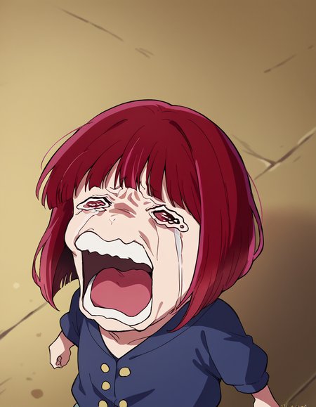 score_9, score_8_up, score_7_up, source_anime, kanaarima, <lora:kana-arima-s1-ponyxl-lora-nochekaiser:1>, kana arima, short hair, bangs, red eyes, red hair, bob cut,, <lora:chopper-crying-ponyxl-lora-nochekaiser:1> chopper crying, chopper crying (meme), meme, wavy eyes, crying, tears, teeth, open mouth, tongue,, ,