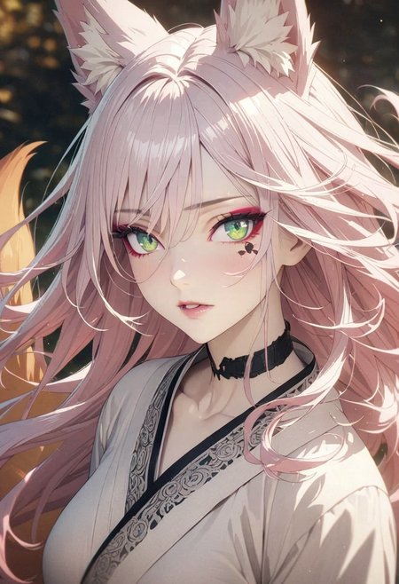 1woman, solo,  long hair, pink hair, black choker, green eyes, eyeliner, gorgeous lips, cinematic, (masterpiece), (best quality), (ultra-detailed), very aesthetic, illustration, perfect composition, intricate details, absurdres, detailed face, (anime, masterpiece, intricate:1.3), (best quality, hires textures, high detail:1.2), (4k),(incredibly detailed:1.4) 
detailed skin, eyeshadow, fox tail, fox ears, no bra,  pale skin, white kimono, beautiful eyes, detailed eyes, sparkling eye, full body