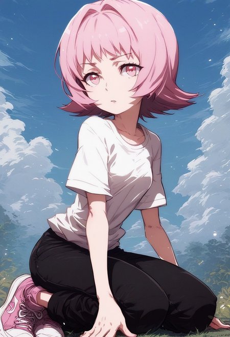 ,score_9, score_8_up, score_7_up, score_6_up, score_5_up,(solo:1.9),1girl, 
BREAK
Tamao Tamamura , pink hair, pink eyes, short hair, (small breasts),white shirt,short sleeves,black pants, pink sneakers,on knees, 
BREAK
Prades blue sky