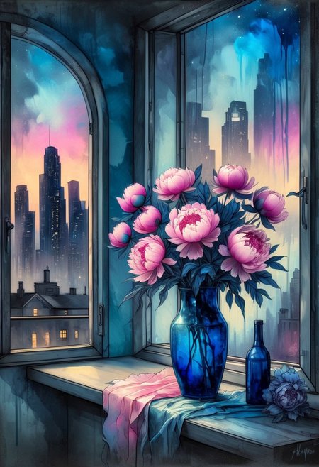 an alcohol ink sketch on a wet relief canvas, dusty blue with gradients to dark blue art noir with grunge elements, ash-pink accent highlights, a bouquet of peonies in a tall elongated vase on the window sill of an open window against the background of an old night city. inkbaroque