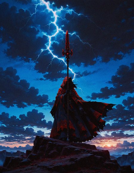 masterpiece, best quality, amazing quality, <lora:DarkFantasy_v3_Buns:0.55>, Storm Herald, cloud-patterned cloak, crackling lightning spear, windswept cliff, masterpiece, best quality, amazing quality