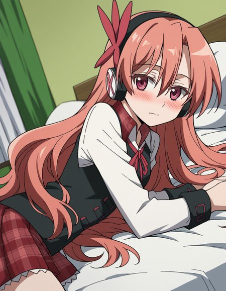 score_9, score_8_up, score_7_up, source_anime,
agkchelsea, <lora:agk-chelsea-s1-ponyxl-lora-nochekaiser:1>,
chelsea, pink eyes, hair between eyes, long hair, pink hair, straight hair,
collared shirt, diagonal stripes, dress shirt, hair ornament, headphones, long sleeves, neck ribbon, plaid, plaid skirt, pleated skirt, red ribbon, red skirt, ribbon, shirt, skirt, striped, vest, white shirt, wing collar,
indoors, bed, bed room, on side, blush, drunk,
cowboy shot, solo, dutch angle, looking at viewer,