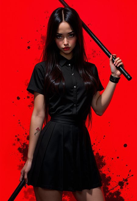 A young woman standing in a dynamic low-angle pose, her body slightly tilted as she looks down towards the viewer. She has a slim, athletic build with long, straight black hair that falls past her shoulders. Her expression is serious, with dark eyeliner and minimal makeup, emphasizing her large, almond-shaped eyes. She is wearing a black, short-sleeved shirt, slightly wrinkled, tucked into a high-waisted, pleated black skirt. Her left arm is bent and holds a black metal baton, with her right arm straight at her side, revealing a visible vein on her forearm. She wears a black wristband on her right wrist. The lighting highlights her sharp facial features and the texture of her clothing. The background is a solid, intense red, with subtle, dark smudges adding texture. The overall style is hyper-realistic with a slightly exaggerated, dramatic perspective, enhancing the sense of power and tension in the image.   <lora:FluxMythP0rtr4itStyle:0.8> MythP0rt,
