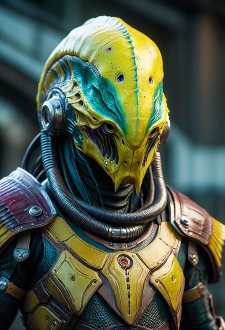 ultra realistic, realism, aquatic, reptilian fish alien, Genestealer, cinematic, mechanical face mask, indentation, beveling, edge bevels,  wearing leather science fiction armor, (((without helmet))), (((no helmet))), exudes confidence and power, talons, claws, crustacean, Colors: yellow and turquoise and violet, volumetric lighting, realistic subsurface scattering  , cinematic low-key portrait photography, hyper detailed, texture, 8k, HD, UHD, perfect texture, featured on Artstation, top of Pinterest, (((no eyes)))