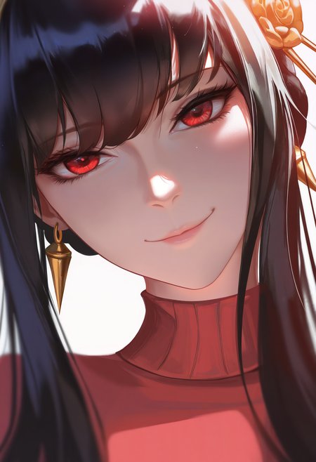 1girl, solo, red sweater, yor briar, portrait, looking at viewer, smile, head tilt, depth of field, 
masterpiece, best quality, <lora:liangxing-guy90-Illust-Lycorisv1:1>, liaing