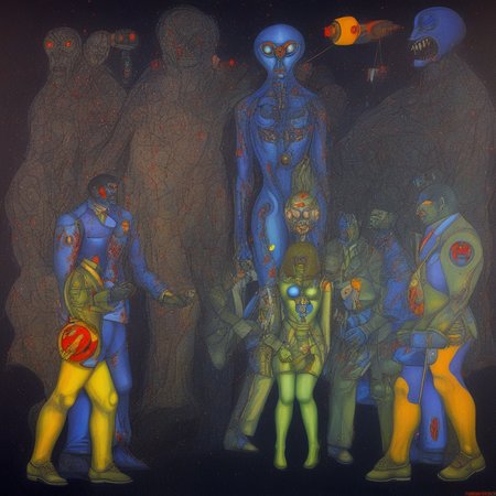 alien invasion, epic, dramatic, battle, horror, by richard lindner, painting, pop art