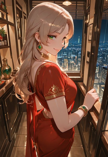 best quality, masterpiece, ultra-HD, cinematic lighting,aesthetic,i1d2sa2re,red saree,1 girl,30 years old,beautiful,solo,adult,looking at viewer,emerald color eyes,eyes detailed,light brown long hair,no bangs,happy,smile,short sleeve, jewellry, ornaments,nacklace,BREAK,in upscale restaurant,standing beside floor-to-ceiling windows,high-rise,night city background,
mouth focus, close up,side profile,from above