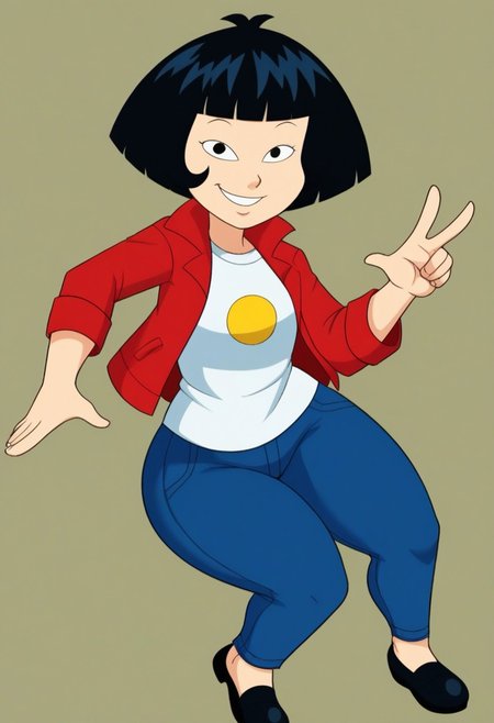 Yukari, girl, female, character, with short black hair, wearing a red jacket, a white t-shirt with a smiling face on it, blue pants, and black shoes, thick thighs, wide hips,  looking at viewer,