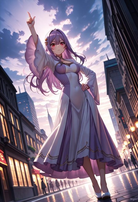 masterpiece, best quality, amazing quality, dynamic view,  solo, dynamic view,  solo, 1girl, masterpiece, best quality, bokeh, luminescent background, 
(  miaadenauer,,
 purple hair, long hair,  hair between eyes, bangs, hair ornament, hair flower,  red eyes, medium breasts,
 , dress, two-tone dress, purple dress, white dress, long sleeves, wide sleeves, white shoes,,
 ),  
cloudy sky, city,, full body, looking at viewer, streets,, pointing up, pointing, index finger raised, hand on own hip, dutch angle,