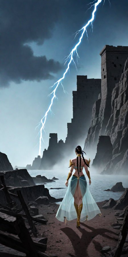 semi realistic, highest quality, depth of field, high contrast, masterpiece, adventure fantasy art, dark fantasy theme, surrealism, expressionism, otherworldly, interdimensional rift, (swirling blue and purple time vortex in the sky:1.3), in the style of Magic the Gathering, visual novel, (in the style of Scheherazade:1.1), Arabian Nights theme, focus blur, indirect lighting, (enhanced shadows), backlit, (high contrast), (silhouette:1.3), wide angle lens, establishing shot, massive scale, background focus, rule of thirds, otherworldly, cataclysmic, mature themes, (violence:1.1), (death:1.1), vibrant dark colors, blue color theme BREAK
(an epic Middle Eastern battlefield background:1.1), barren, cracked earth, scorched, dark cloudy skies at night, sandstorms, (gale force winds:1.1), (colorful sheet lightning in the clouds), (lightning bolts striking the earth), silhouettes of a colossal standing army on a sprawling hillside, infantry and calvary kick up clouds of dirt and dust, tents and temporary fortifications surround (large bonfires:1.1) where the invading army is stationed, (flowing river of boiling water:1.1), supply lines bringing in new soldiers and leaving with corpses and the wounded, jagged mountain range in the distance, (ruins of ancient buildings and structures scatter the visible area), (volumetric high density multi-colored fog and mist along the ground), lightning strikes and (raging flames:1.1) illuminate the landscape, [chaos], [mayhem], [panic], [fear], hell on earth, (picture book), (no face),
a lone woman in the foreground, far away zoom, 100 yards away, goddess, (back profile:1.1), (view from behind:1.1), hands, arms, hair, back, legs, boots, armor, cape dress BREAK
(standing on the uneven ground:1.2), reaching toward the sky, (looking away from the camera:1.2), controller of the elements of lightning and water, summoner, tall, slender build, pale white skin, sorceress, elementalist, composed of lightning and water,  (sexy:1.1), supernatural, deity, glowing hollow eye sockets, (absurdly powerful, electrical charges crackle around her human form), intimidating, ominous, deadly, unarmed, woman BREAK
open, empty palms, fingers extended, long fingernails, (drawing down forked bolts of lightning from the heavens:1.3), hands BREAK
raised high up above her head, bare shoulders, blue and silver steel bracers, straightened, arms BREAK
dark brown, very long, loose ponytail hairstyle, feathered, wild, small tight braids tied behind her head, ribbons, whipping in the wind, hair BREAK
bare, shoulder blades, fit, well toned, rigid, straight, back BREAK
spread, wide stance, unbent, unbowed, sturdy, knees apart, bare thighs, muscular, long, legs BREAK
thigh high, leather, laced, blue, high heeled, boots BREAK
chain, undergarment, sparse, reinforced, small links, armor BREAK
blue, iridescent, sheer, long, flowing, godly quality, gold stitching, double split-leg, flowing, neck choker clasp, backless, strapless, cape dress BREAK
[vengeance], (rage:1.1), [bloodlust], (hatred:1.1), [intolerance], (unforgiving:1.1) <lora:xl_shanbailing_0927lightning:0.6> <lora:xl-shanbailing-1011-2water:0.4>  <lora:sinfully_stylish_SDKL:0.6> <lora:xl_iridescent_clothing-1.0:0.8> <lora:Dark Side:1.2>